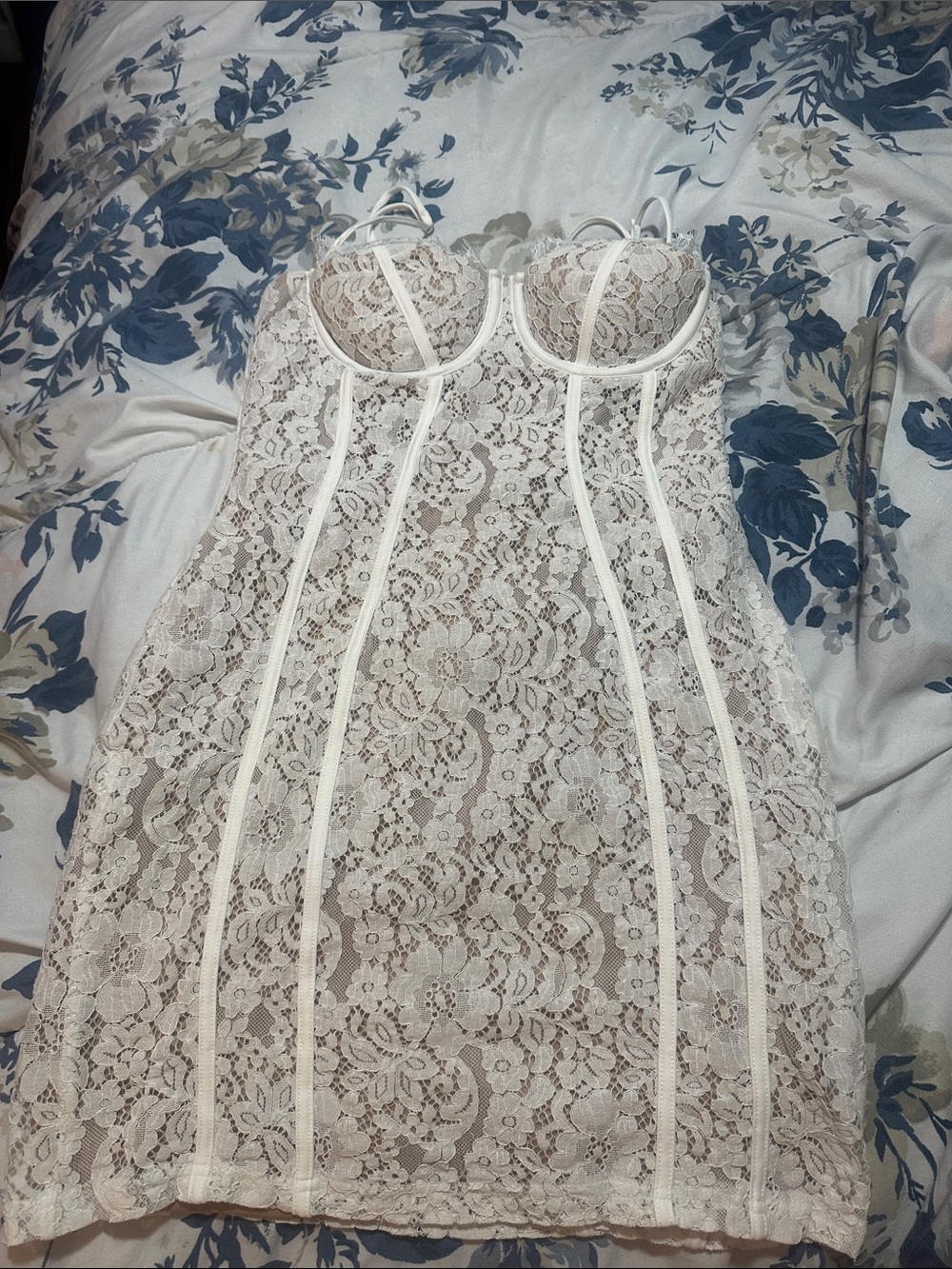 Fashion Nova Ivory Lace Bustier Mini Dress